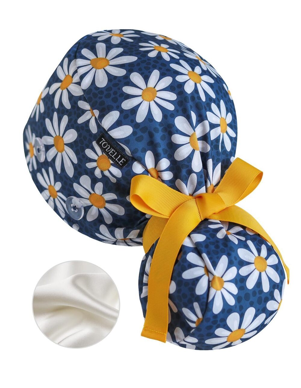 8487 Scrub Caps Satin Lined Ponytail, Blue Daisy Floral Adjustable Scrub